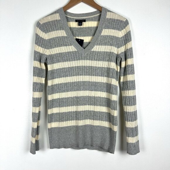 TOMMY HILFIGER Striped V-Neck Cable Knit Cotton Sweater sz M Y2k Preppy Tennis - Picture 1 of 9